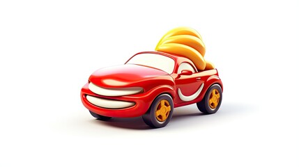 3D rendering of a red cartoon car. The car has a happy face and is carrying a load of yellow bananas. The car is isolated on a white background.