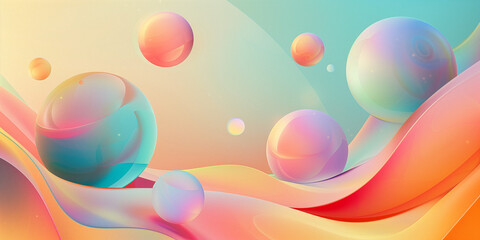 Wall Mural - Abstract Pastel Flow with Floating Spheres - Modern Fluid Art Design for Creative Backgrounds, Visual Appeal, and Artistic Inspiration.