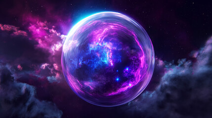 Wall Mural - a large, purple bubble floating in space. the bubble is surrounded by a dark sky with stars and clou