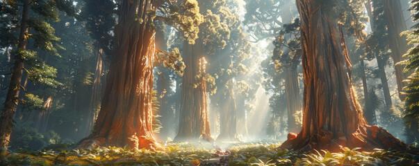 Poster - Ancient sequoia forest with towering trees and filtered sunlight, woodland giants, arboreal wonder.