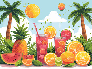 Wall Mural - tropical cocktail with oranges and watermelon fruits vector illustration design.