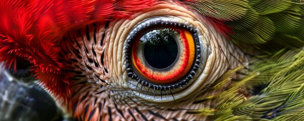 Wall Mural - Close-up of a parrot's eye with vibrant feathers, extreme macro shot. Wildlife and nature concept