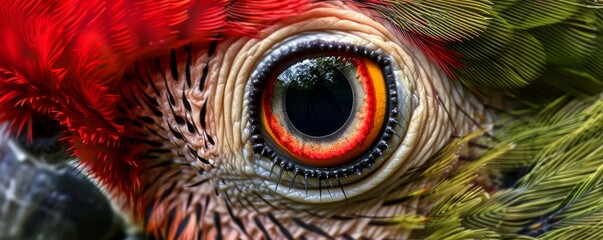 Poster - Close-up of a parrot's eye with vibrant feathers, extreme macro shot. Wildlife and nature concept