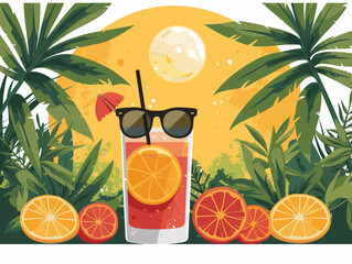 summer time holiday cocktail with fruits and palms vector illustration eps 10