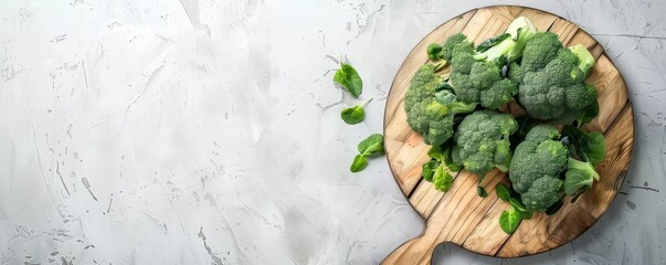 A bunch of broccoli is on a wooden cutting board. The broccoli is fresh and green, and it is arranged in a way that makes it look appetizing. Free copy space for text.