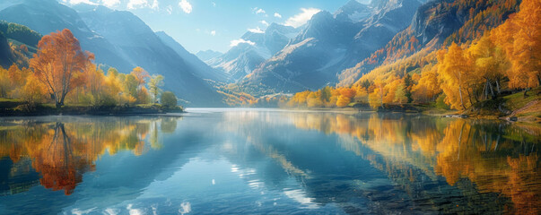 Sticker - A serene lake reflecting the surrounding mountains and trees.