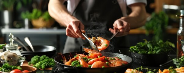 Professional cook preparing shrimp with precision, capturing the motion of sprinkling seasoning.