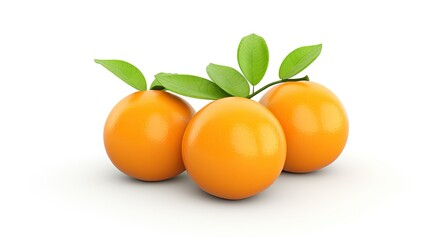 3D rendering of a group of three ripe and juicy oranges with green leaves, isolated on a white background.