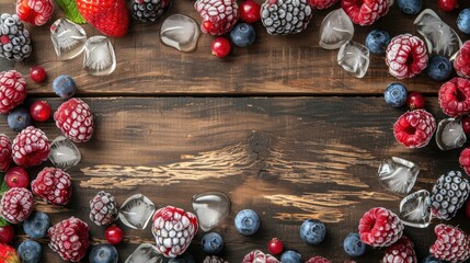 Wall Mural - Fresh berries are natural fruits with a high content of vitamins and nutrients, embodying the concept of a healthy diet. Frozen raspberries, blackberries among the ice.
