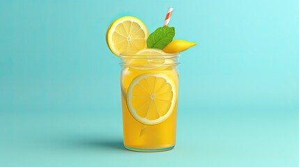 Wall Mural - Fresh lemonade in a mason jar with lemon slices and a straw.