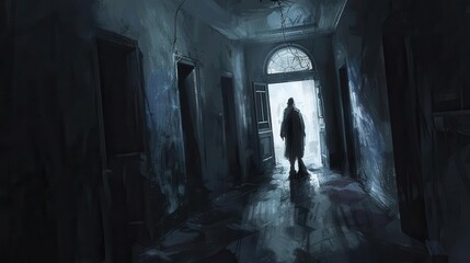 Wall Mural - eerie silhouette in a dark hallway leading to an open door on halloween night digital painting