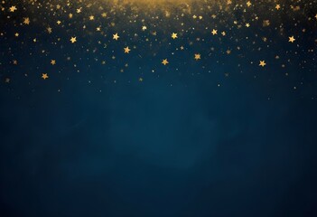 Abstract Golden Starburst Particles on Deep Blue Background with Copy Space. Abstract  with dark   gold particle and golden shiny star dust, Christmas feeling, Gold foil texture. Holiday concept
