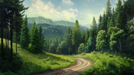 Wall Mural - Dirt path winding through lush forest with mountainous backdrop