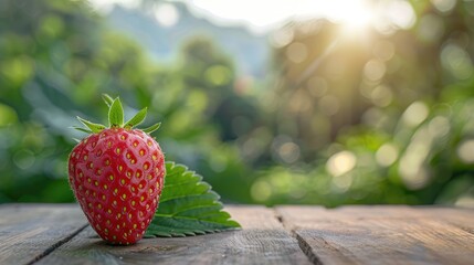 Wall Mural - Big strawberry on wooden surface with nature backdrop Focus on fruit