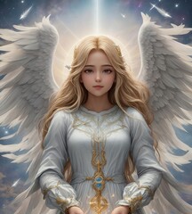 Heavenly angel figure in clouds with golden rays.
