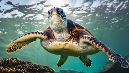Wall Mural - turtle with group of colorful fish and sea animals with colorful coral underwater in ocean
