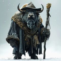 Wall Mural - 3D Bison wizard cartoon wearing magic robe and magic hat. Realistic Bison magician.