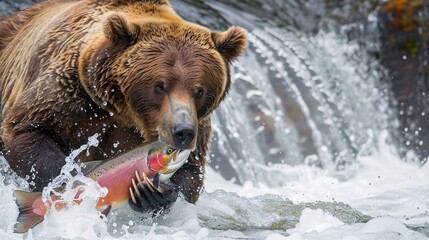 A grizzly bear catching a salmon in a rushing river and its powerful jaws and claws making quick work of the fish