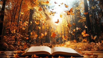 Wall Mural - enchanted autumn forest with open book and flying butterflies