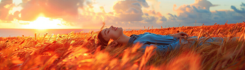 le Serene Sunset Bliss Woman Relaxing in Golden Wheat Field with Radiant Sunset in Background Depicts Tranquility and Connection with Nature Keywords sunset, woman, relaxing, wheat, field, nature,