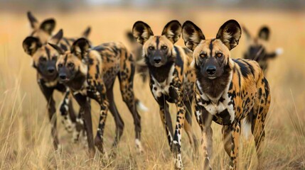 a pack of african wild dogs on the hunt and their mottled coats and large ears giving them a distinc