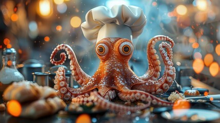 close up of an octopus with a chef hat on