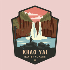 heon swat waterfall in khao yai national park emblem patch logo vector illustration design, thailand