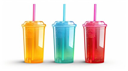 Wall Mural - Three colorful plastic cups with straws, half-full of refreshing fruit juice or cocktail, isolated on white background.