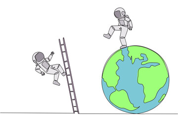 Wall Mural - Continuous one line drawing astronaut kicks opponent who climbing the globe with a ladder. Failed to be on top of the world. Dropped by business friend. Single line draw design vector illustration