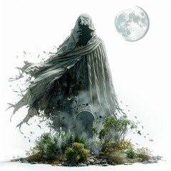 Wall Mural - grim statue with a large cloak and a full moon