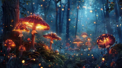 Wall Mural - enchanting forest scene with glowing mushrooms illuminated by magical lights digital fantasy painting