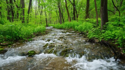 Poster - enchanting forest stream flowing through lush green foliage serene nature landscape photography