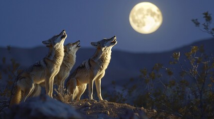 a pack of coyotes howling at the moon in the desert night and their eerie calls echoing across the l