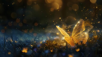 Wall Mural - enchanting night scene with golden butterfly and magical glittering dust nature illustration
