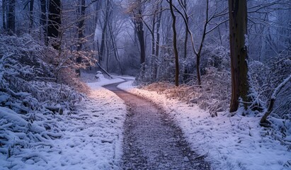 Sticker - An enchanting woodland path covered in a thick layer of snow, with bare trees lining the way, and the soft glow of twilight filtering through