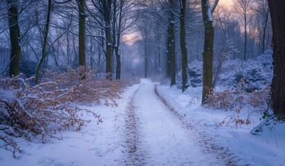 Sticker - An enchanting woodland path covered in a thick layer of snow, with bare trees lining the way, and the soft glow of twilight filtering through