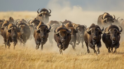 Wall Mural - a herd of buffalo charging across the plains and their massive horns and shaggy coats a formidable s