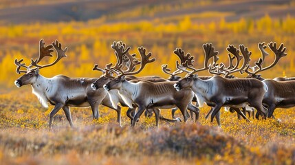 Wall Mural - a herd of caribou migrating across the tundra and their shaggy coats and broad antlers a striking si