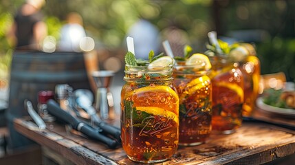 Sticker - Iced Tea with Lemon Slices: Mason jars filled with iced tea, garnished with lemon slices and mint leaves