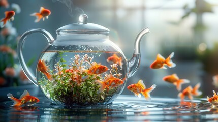 teapot with a glass teapot filled with water and goldfish