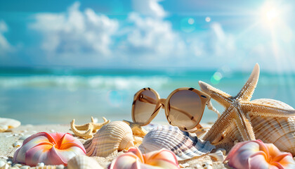 Shells on sandy ocean beach, summer resort vacation concept