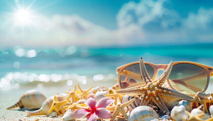 Shells on sandy ocean beach, summer resort vacation concept