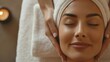 © nopommajun - A serene woman receives a relaxing facial massage, with gentle hands cradling her face, ambient light in the background