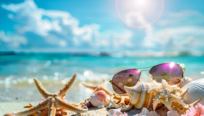 Wall Mural - Shells on sandy ocean beach, summer resort vacation concept