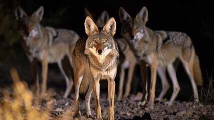 Wall Mural - a pack of coyotes stalking through the desert night and their keen senses and stealthy movements a p