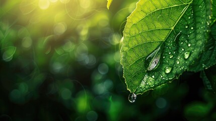 Wall Mural - Close-up of a leaf with a water drop, earthy background for sustainability concept