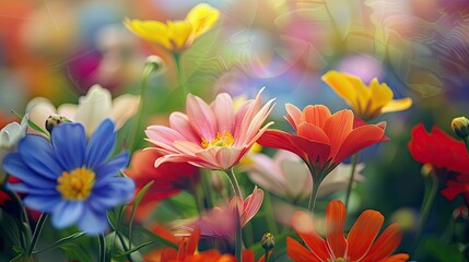 Wall Mural - Close-up of colorful spring flowers in full bloom, nature background