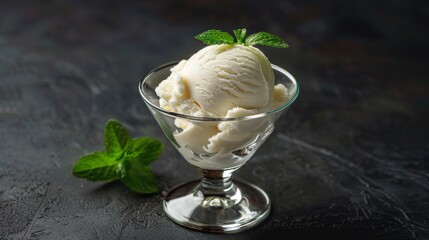 Wall Mural - Vanilla ice cream in a glass bowl with mint leaves on a dark background. Dessert and gourmet concept