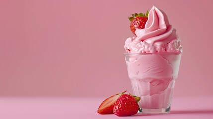 Wall Mural - Creamy strawberry frozen yogurt in a glass cup, set on a pink background