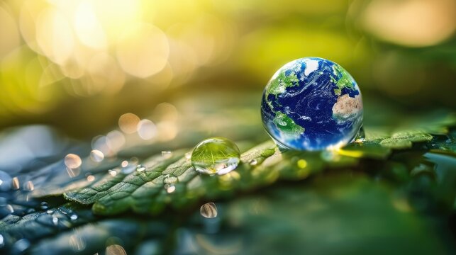 Conceptual image of a water drop on a leaf, earth in the background for climate awareness